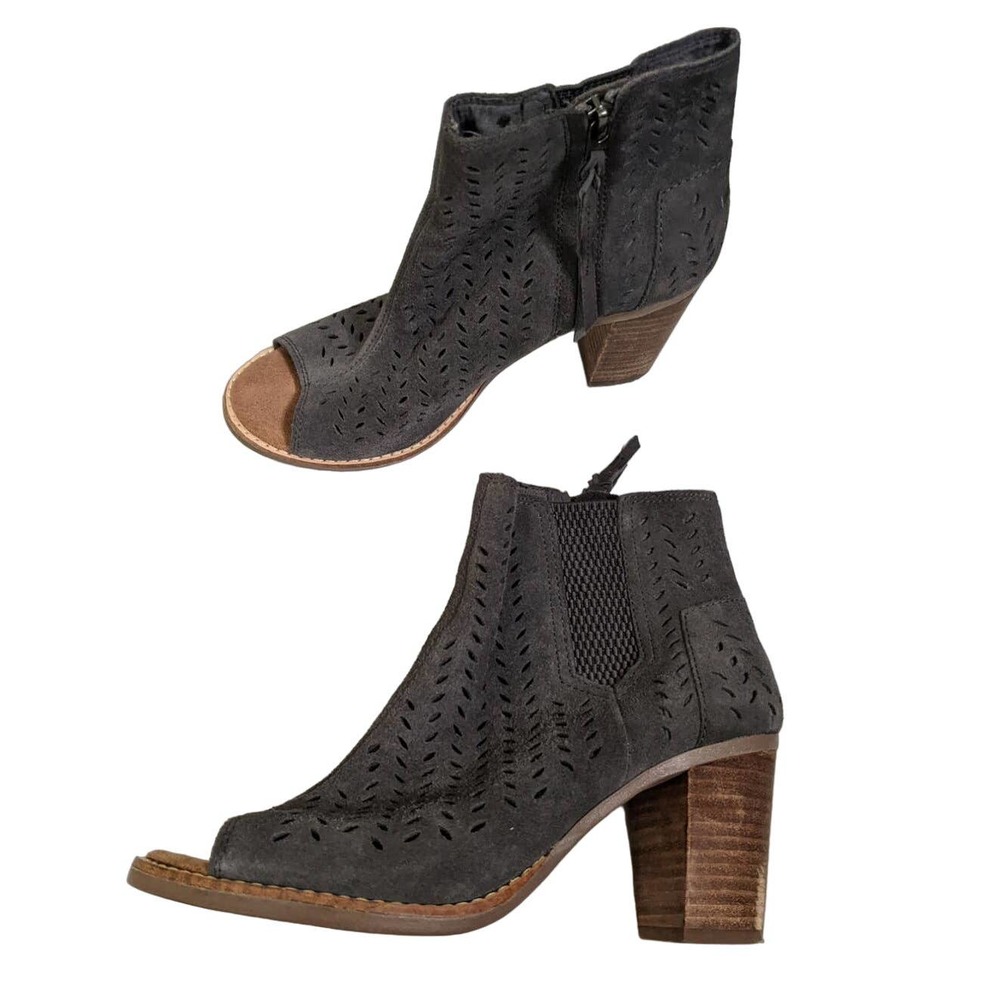 Tom's Majorca Perforated Gray Suede Peep Toe Booties Size 6.5 6 1/2